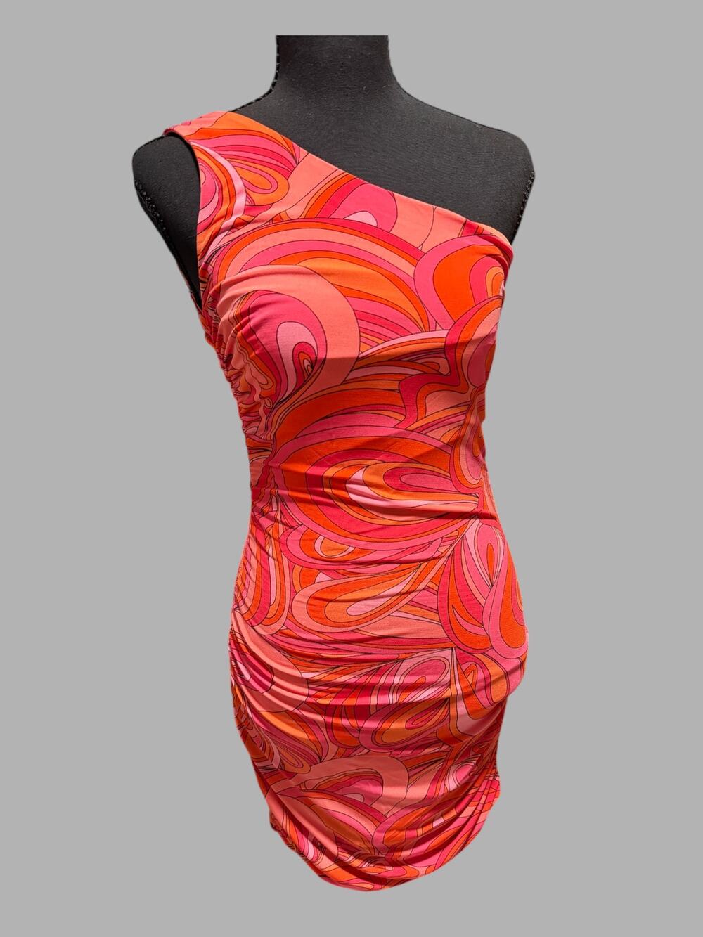 Olivaceous One Shoulder Ruched Bodycon Mini Dress Pink Orange Retro Print Size M